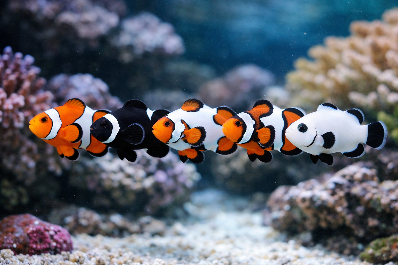 Detailed underwater photograph showing variety of clownfish morphs side by side - standard orange ocellaris, black ocellaris, snowflake, pic