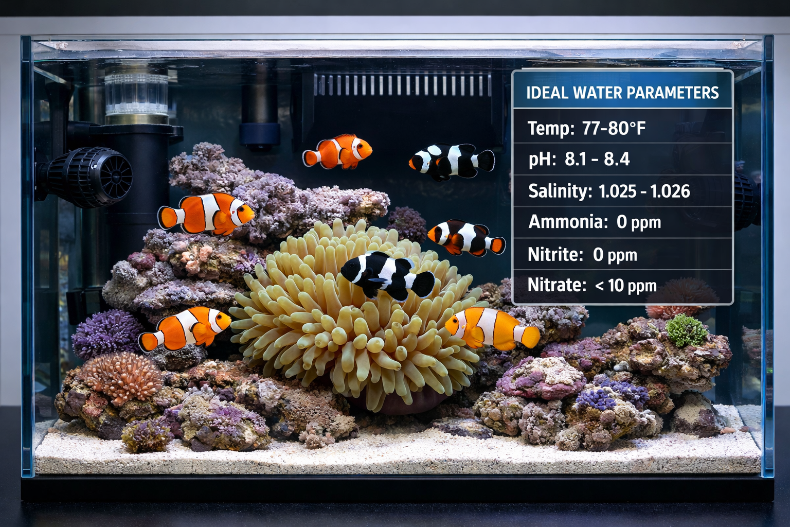 Aquarium setup photograph showing proper clownfish habitat with host anemone, live rock formations, proper filtration system visible, multip