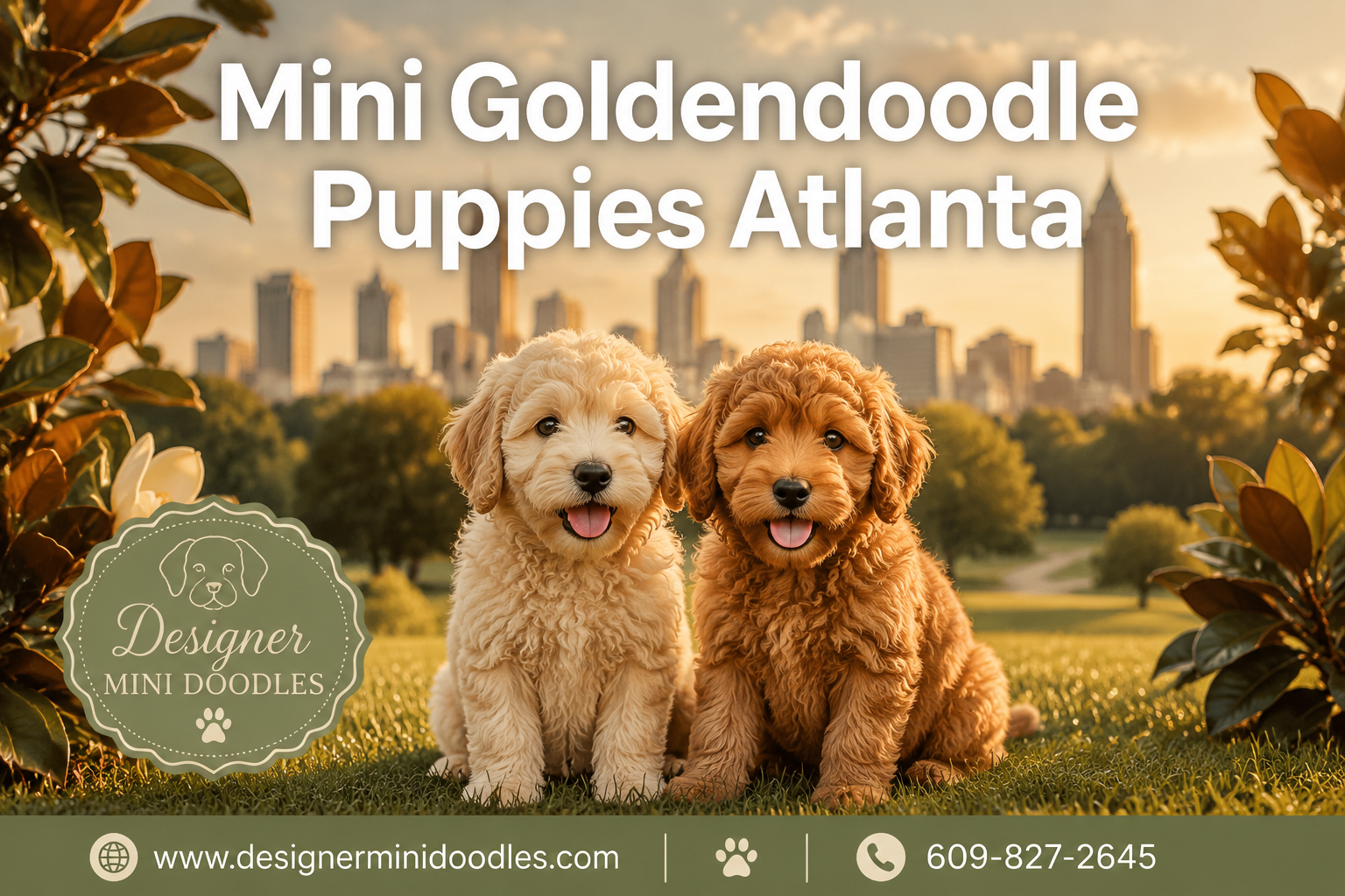 Professional () hero image featuring 'Mini Goldendoodle Puppies Atlanta' in extra large white with subtle drop , centered in
