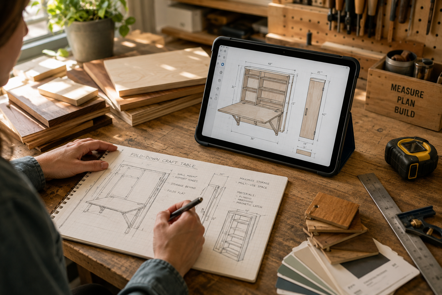Detailed () image focusing on the initial design phase of a fold-down crafting table. A blueprint or CAD drawing is visible