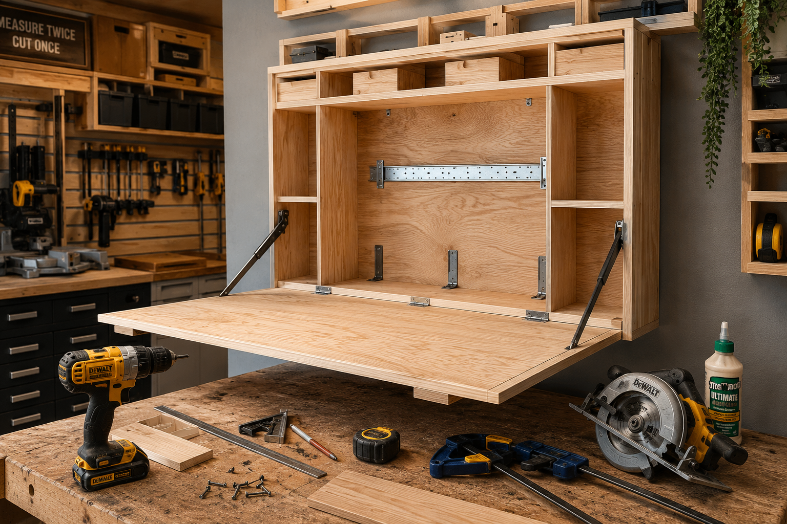 A compelling () image showcasing the construction process of the fold-down crafting table. The image features a partially