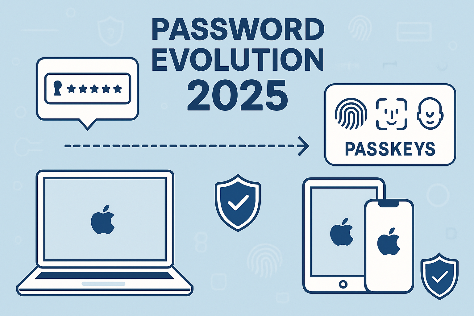 Detailed infographic showing the evolution from traditional passwords to passkeys, featuring a timeline with old-style password boxes transf