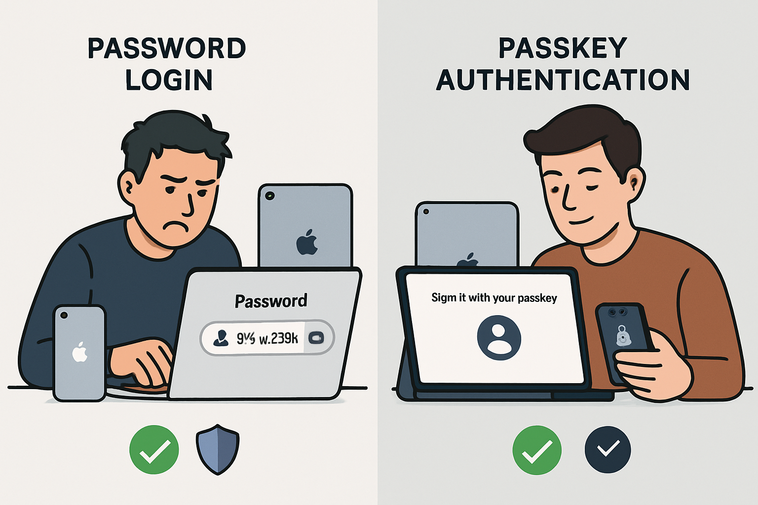 Professional illustration showing a split-screen comparison of traditional password login (left side with frustrated user typing complex pas