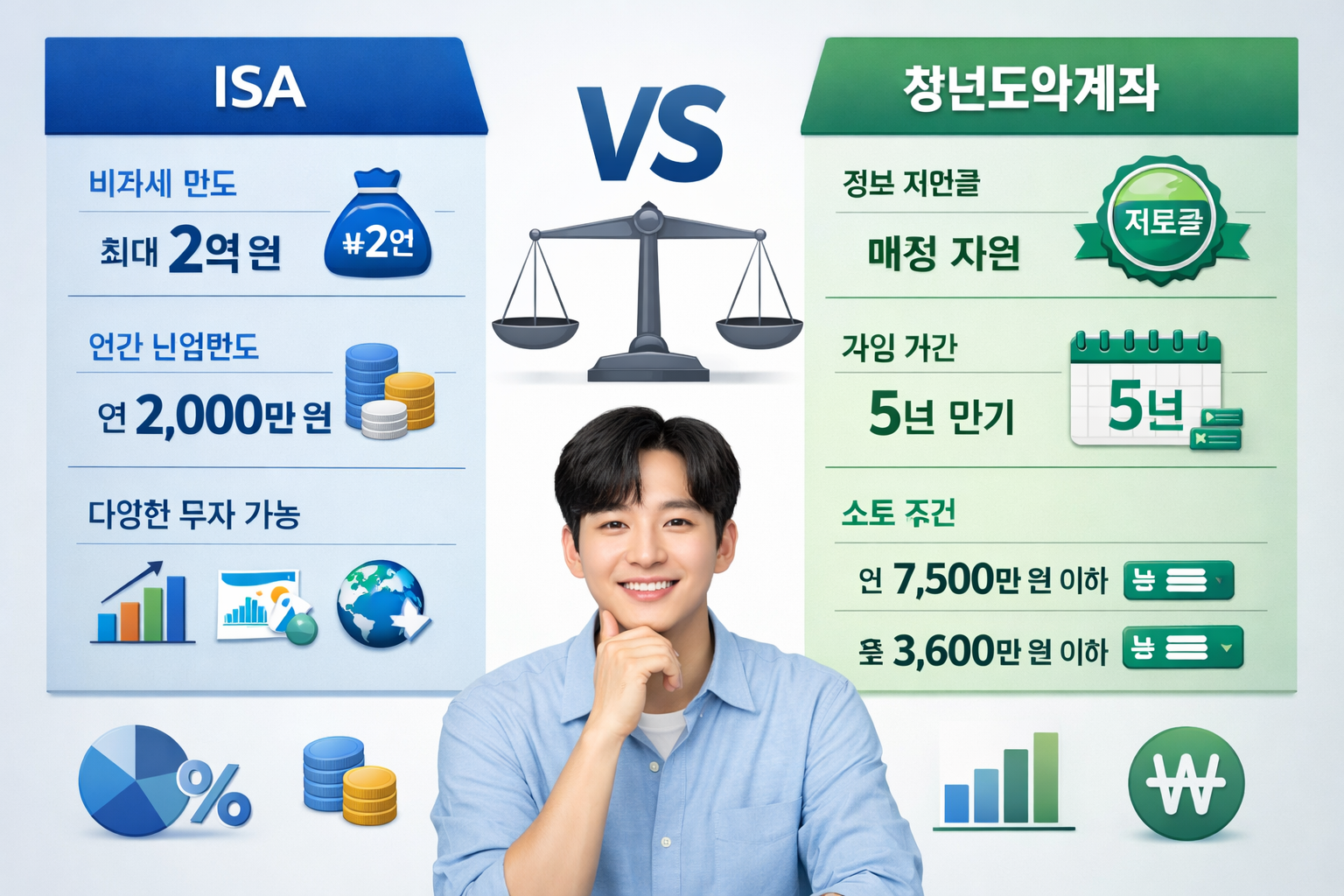 인물은 한국인 이미지 Detailed comparison infographic showing ISA and 청년도약계좌 side-by-side