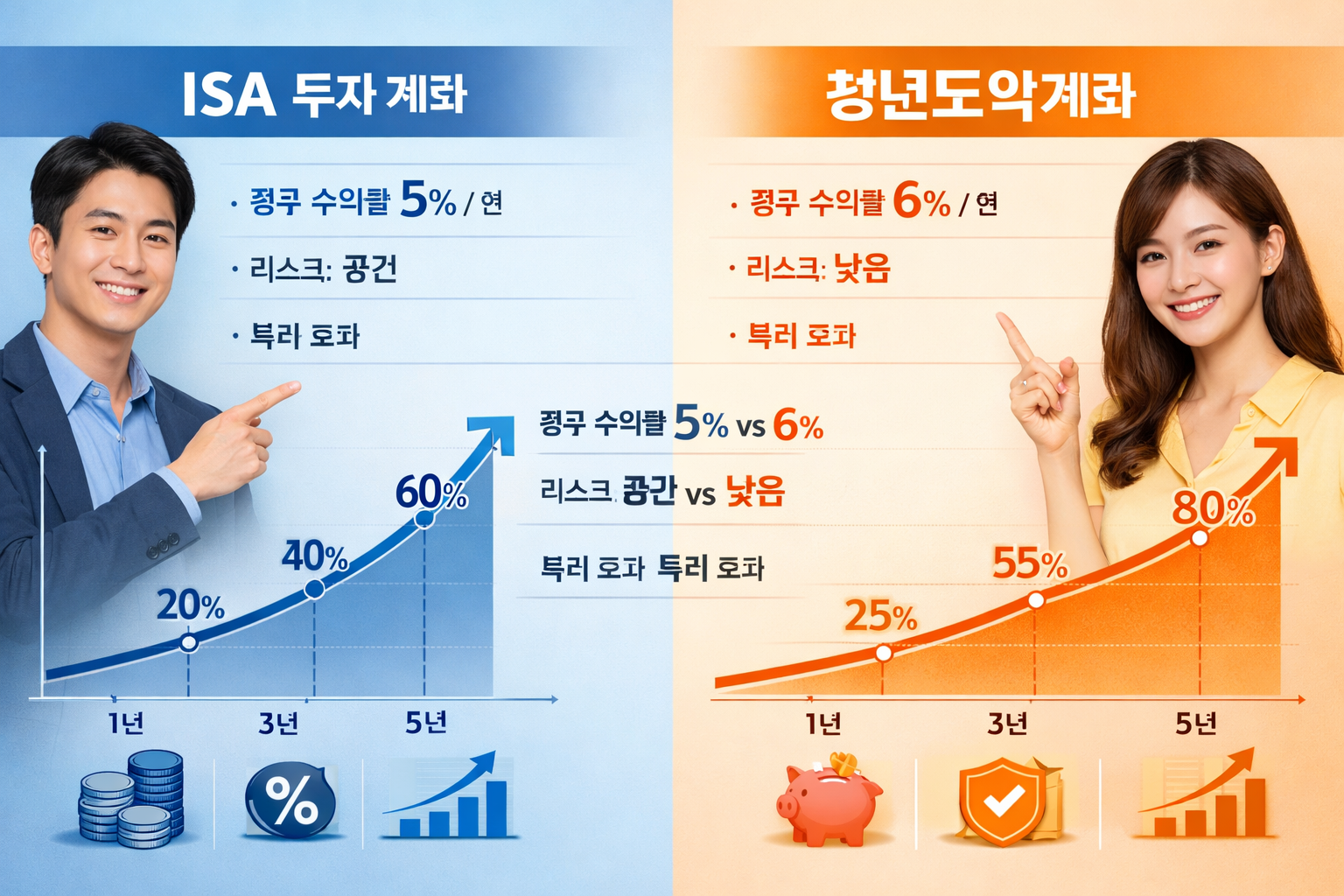 인물은 한국인 이미지 Comparative financial infographic visualizing 수익률 for ISA and 청년도약계좌