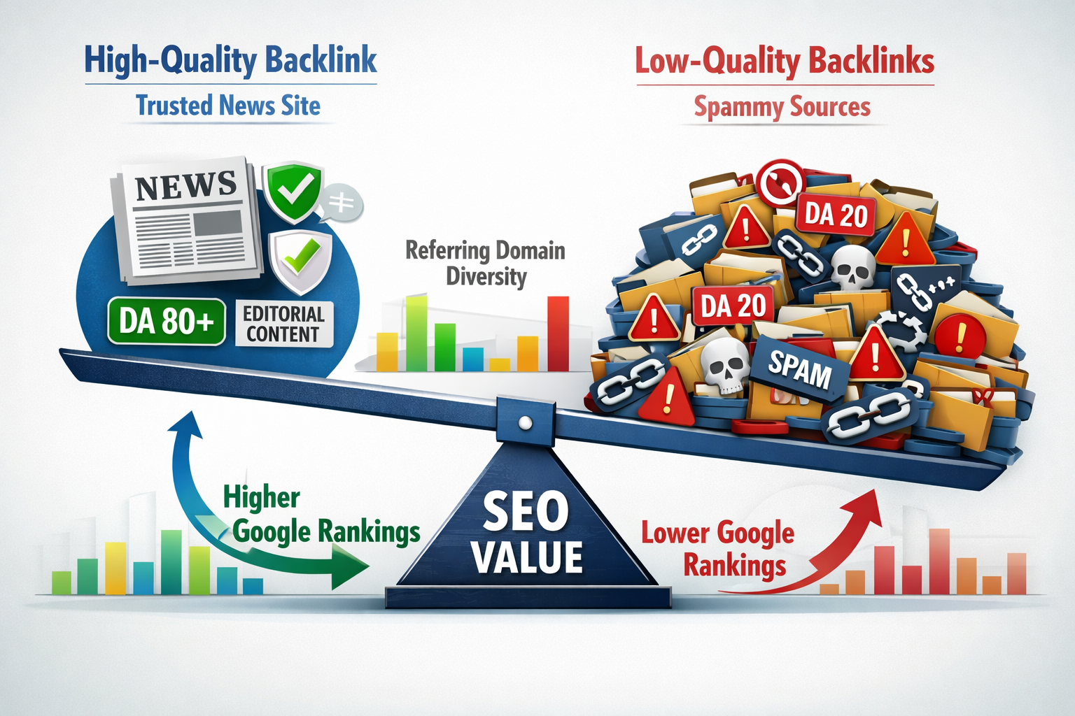 Landscape format (1536x1024) quality comparison visualization showing two scales balanced like a seesaw. Left side: single high-quality back