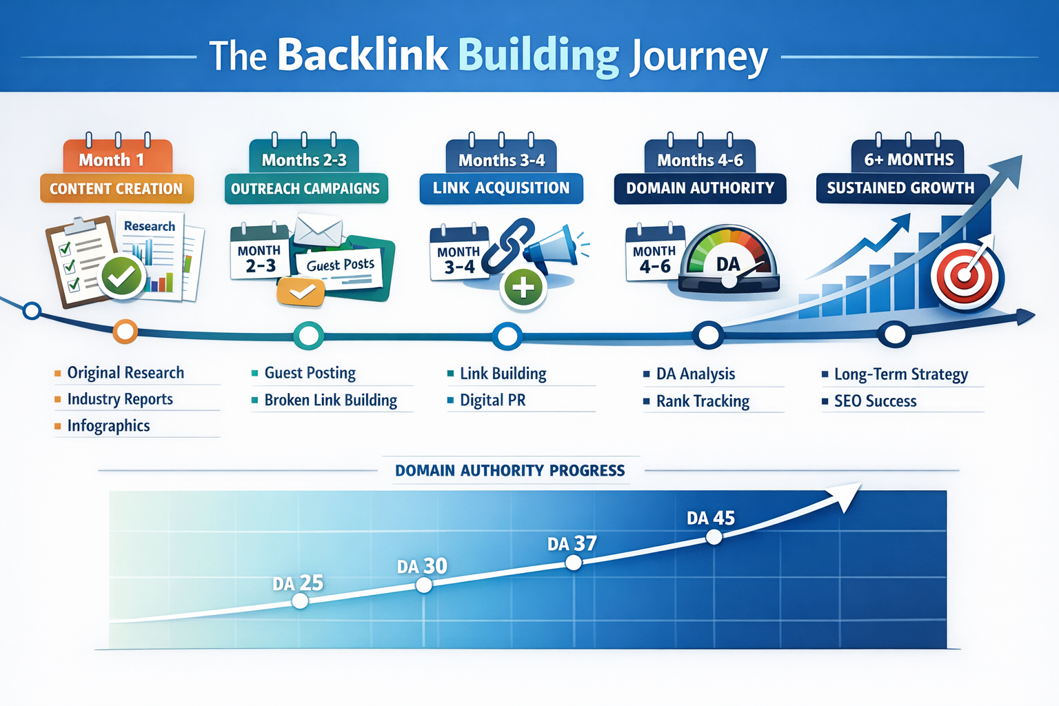 Landscape format (1536x1024) timeline roadmap infographic showing backlink building journey from months 1-6 and beyond. Horizontal timeline 