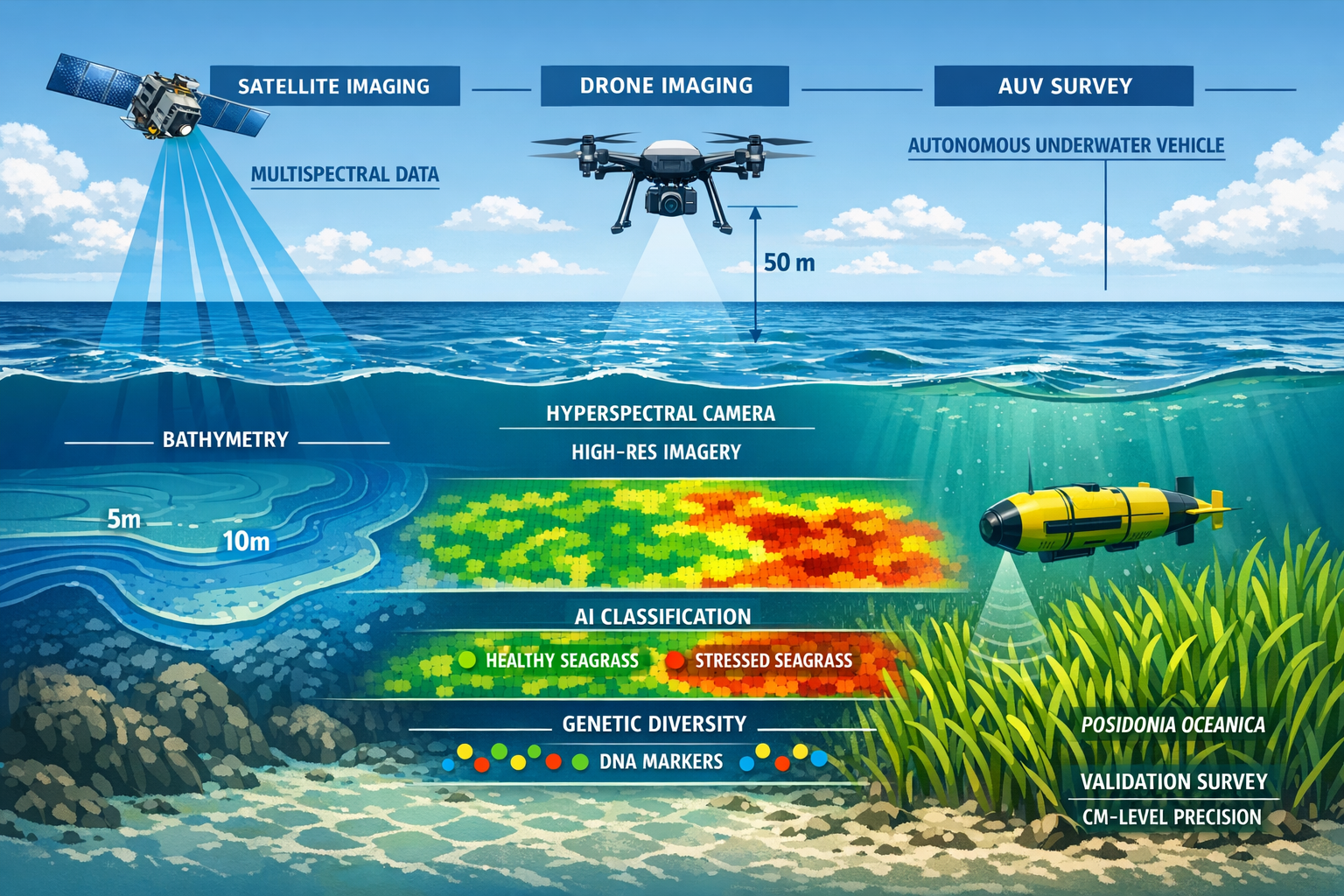 () detailed technical illustration showing cross-section view of integrated monitoring technology stack for seagrass