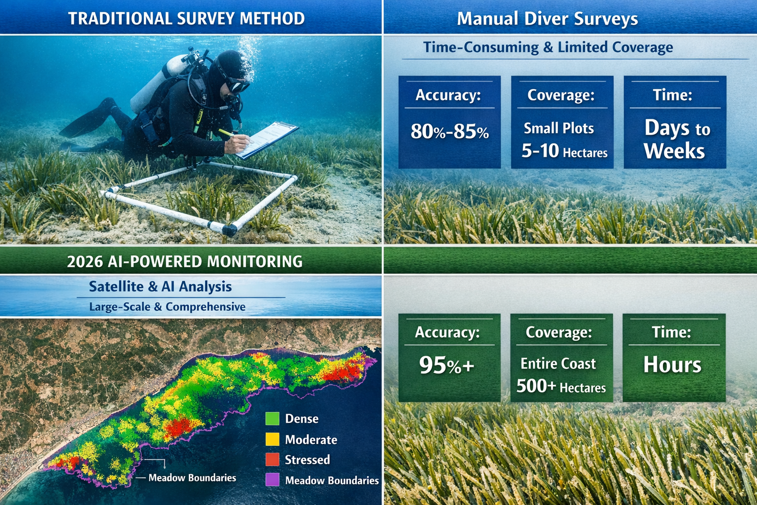 () split-screen comparison image showing seagrass meadow health assessment through different monitoring protocols. Top half