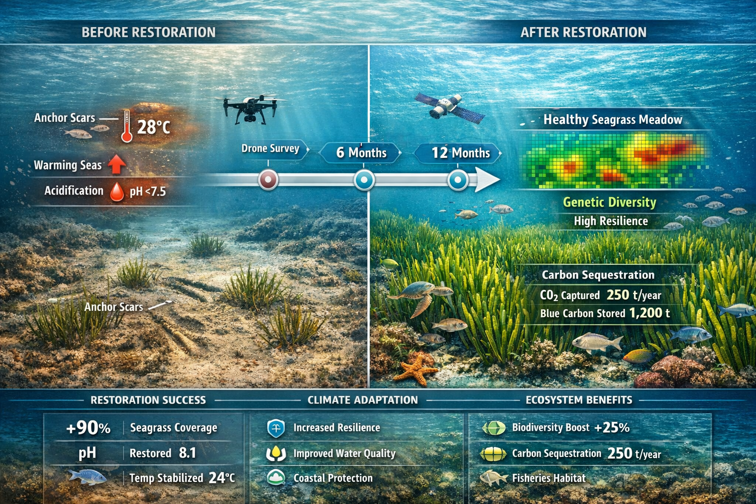 () detailed visualization of climate-resilient seagrass restoration site showing before-and-after monitoring results. Left
