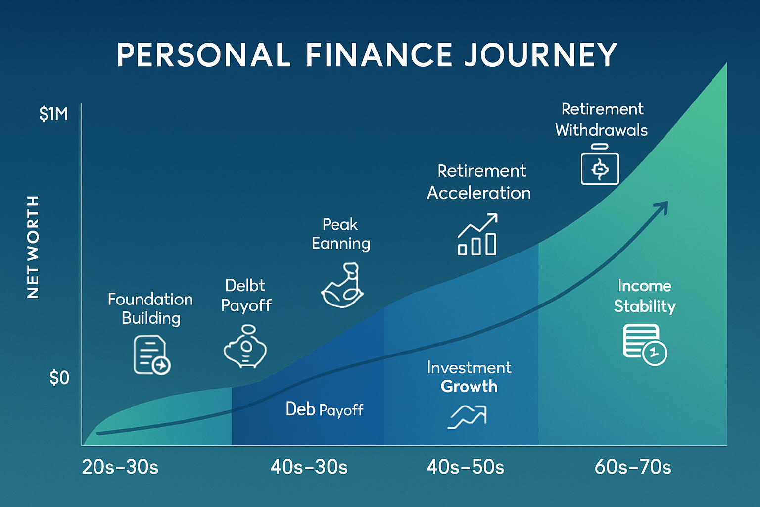 Sophisticated landscape chart visualization (1536x1024) showing personal finance journey across life stages from age 20 to 70. Four distinct