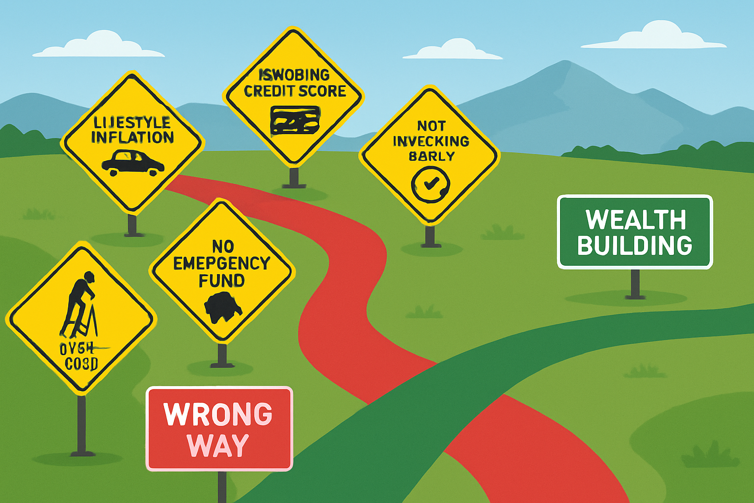 Professional landscape illustration (1536x1024) depicting common personal finance mistakes as warning road signs along financial journey pat