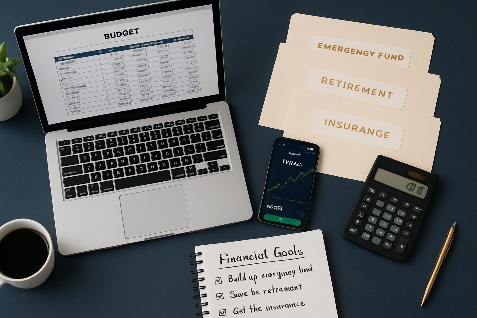 Modern landscape workspace scene (1536x1024) showing organized personal finance system implementation. Desk layout from above featuring: lap