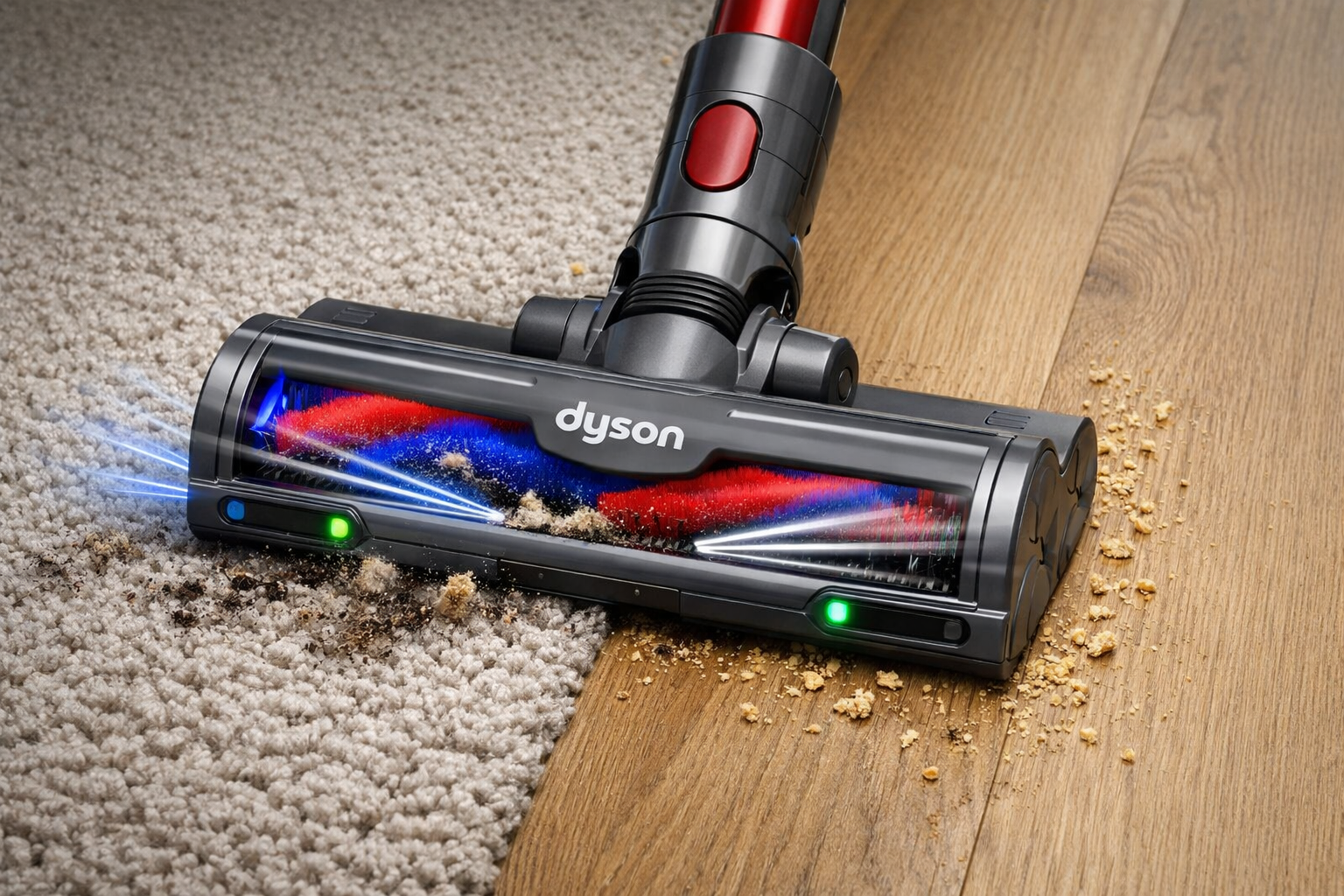 Dyson Digital Motorbar Cleaner Head Dyson Digital Motorbar cleaner head in action on carpet and hard floor transition showing automatic power adjustment