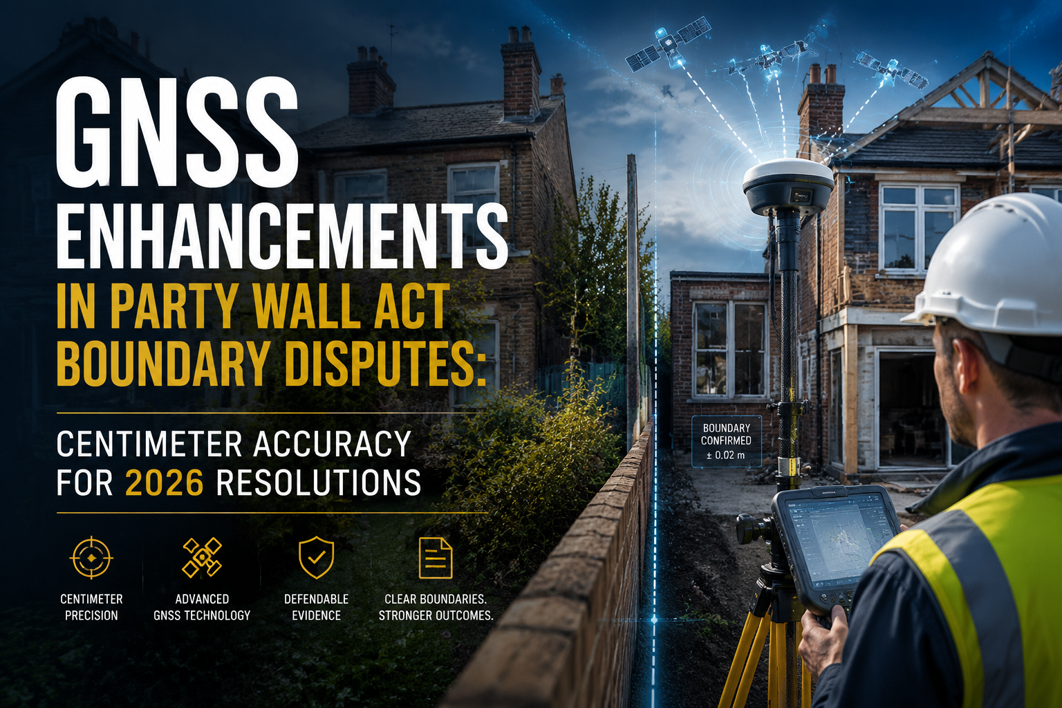 Professional landscape hero image () with : "GNSS Enhancements in Party Wall Act Boundary Disputes: Centimeter Accuracy for