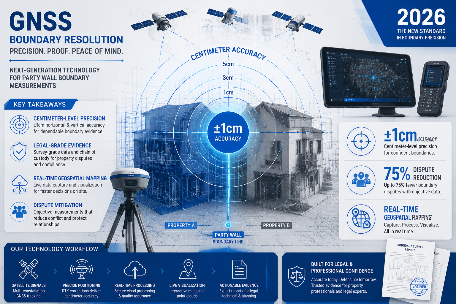 Key Takeaways infographic visualizing GNSS boundary resolution technology for 2026, featuring a central geometric diagram