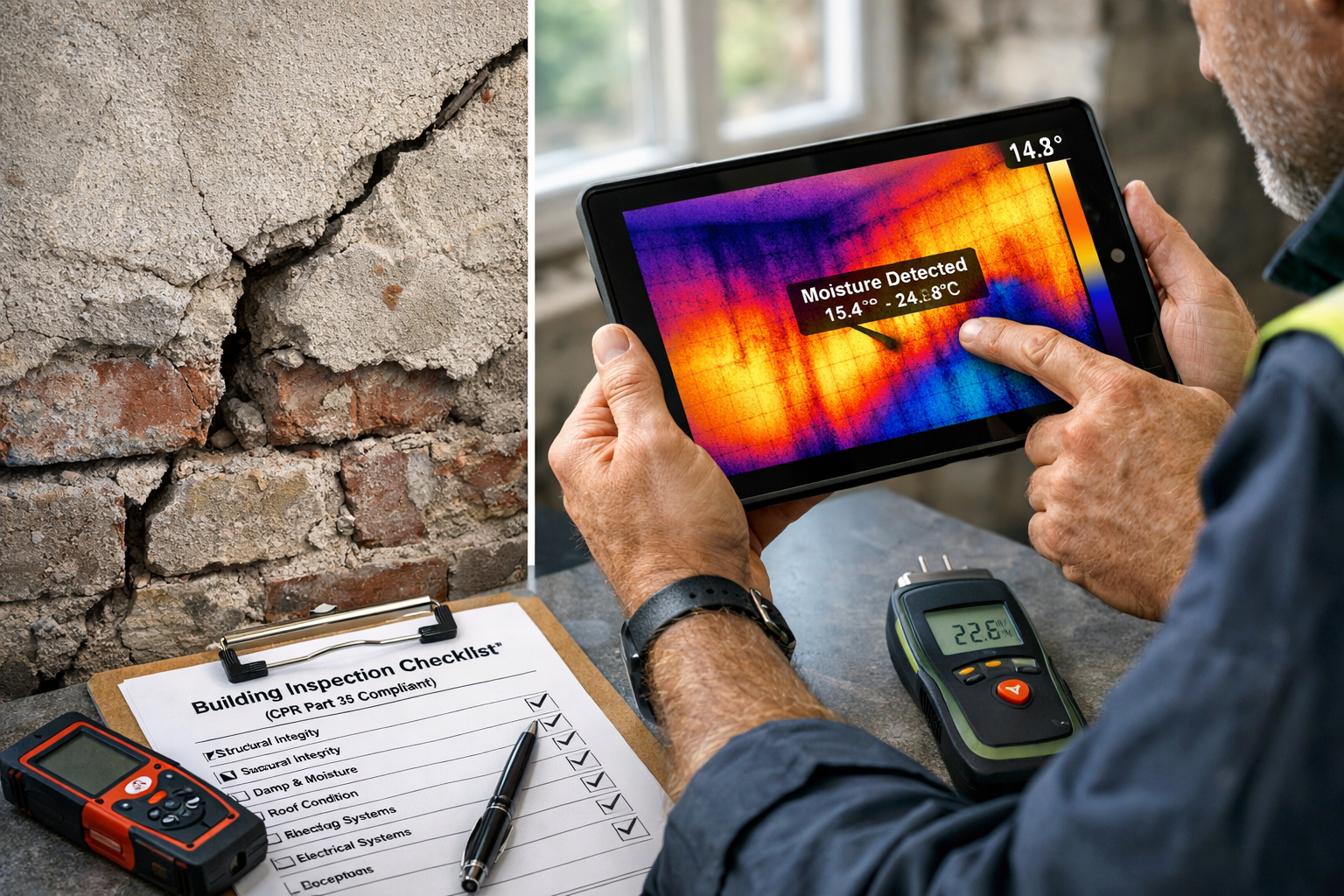 () detailed image showing professional surveyor conducting comprehensive building inspection, close-up of hands holding