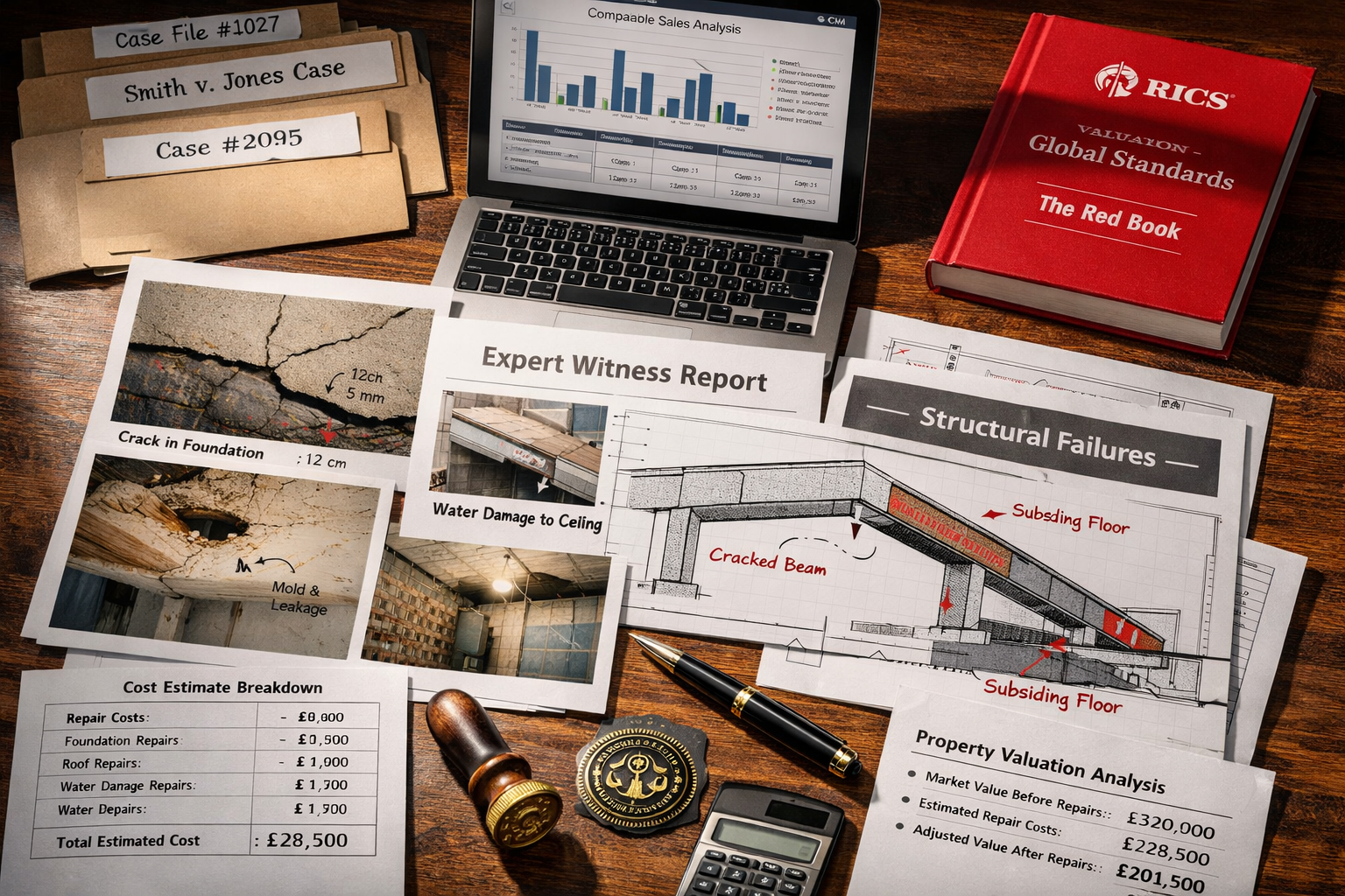() technical illustration displaying expert witness report documentation spread across modern desk surface, A4 pages showing