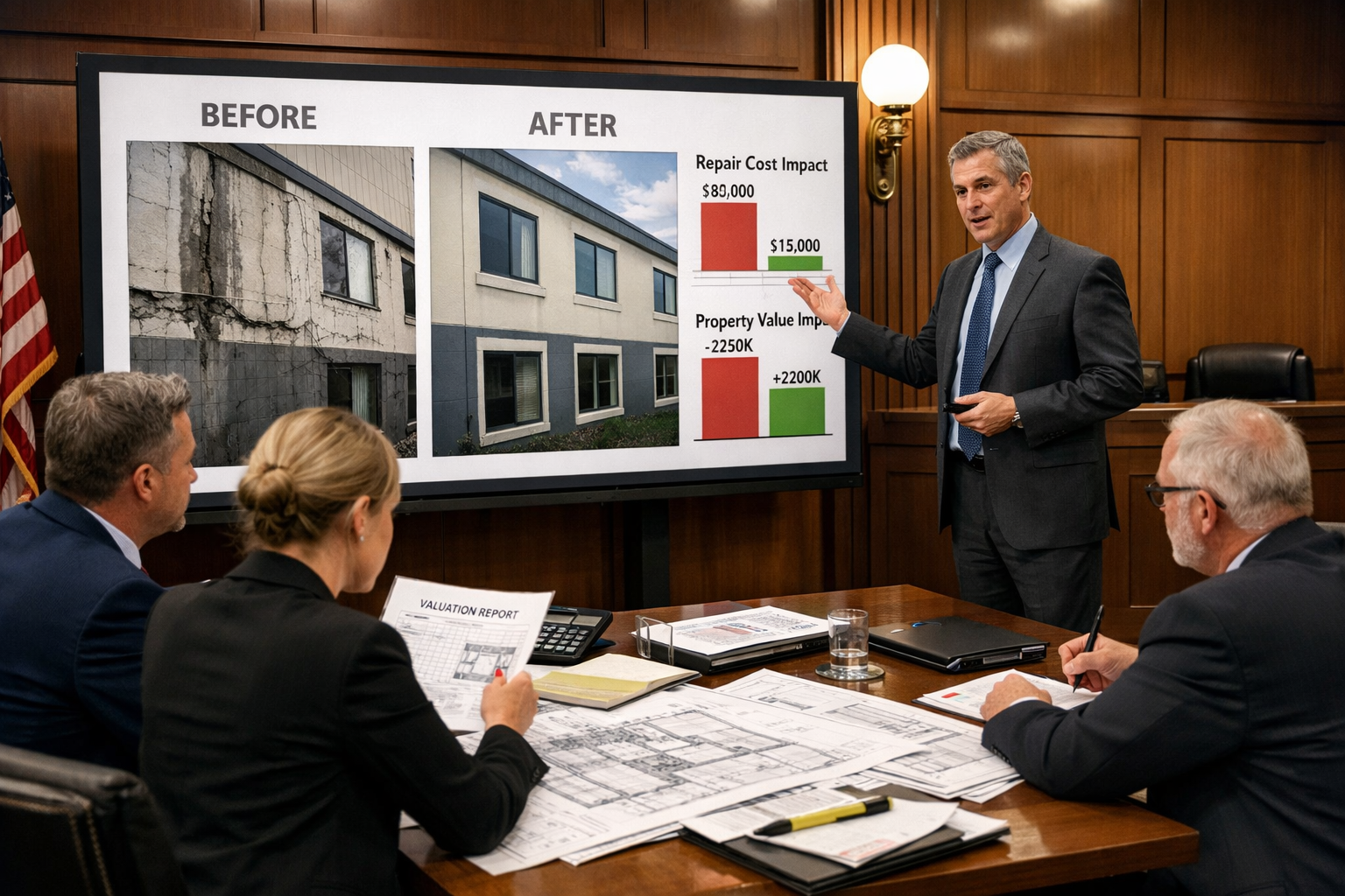 () courtroom preparation scene showing expert witness presenting evidence, large display screen showing before-and-after