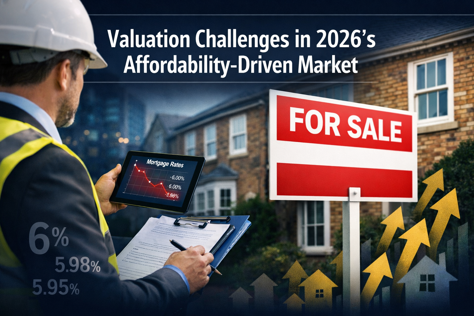 Professional landscape format (1536x1024) hero image featuring bold text overlay 'Valuation Challenges in 2026's Affordability-Driven Market