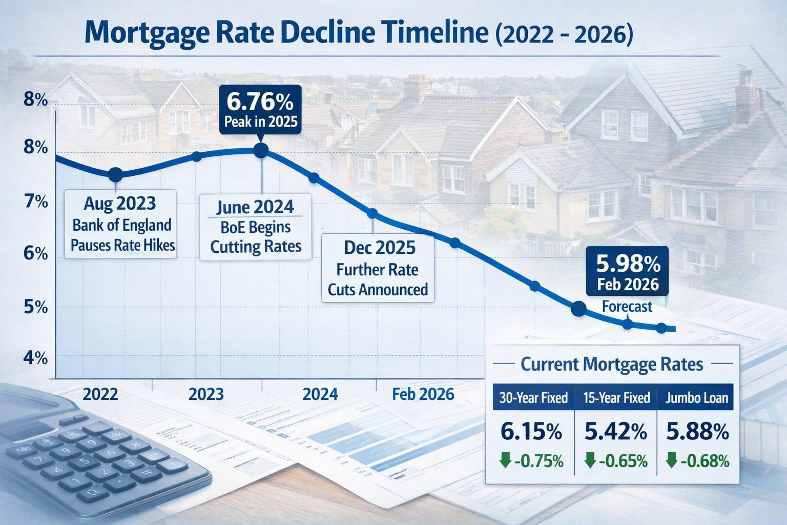 Landscape format (1536x1024) detailed infographic showing mortgage rate decline timeline from 2022 to 2026, featuring prominent line graph w
