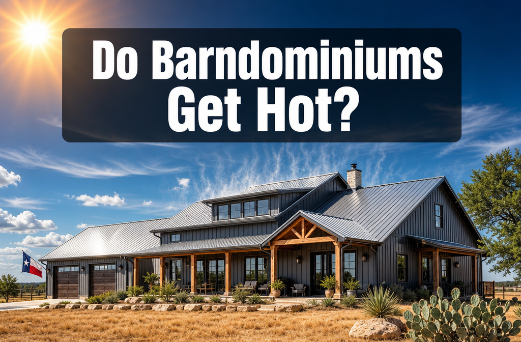 Professional () hero image with : 'Do Barndominiums Get Hot?' in extra large white with dark semi-transparent background