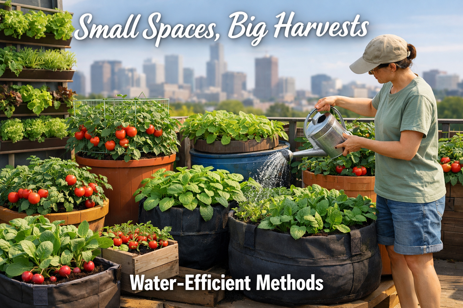 Detailed () image illustrating a diverse urban rooftop garden focused on container vegetable gardening in the USA. The scene