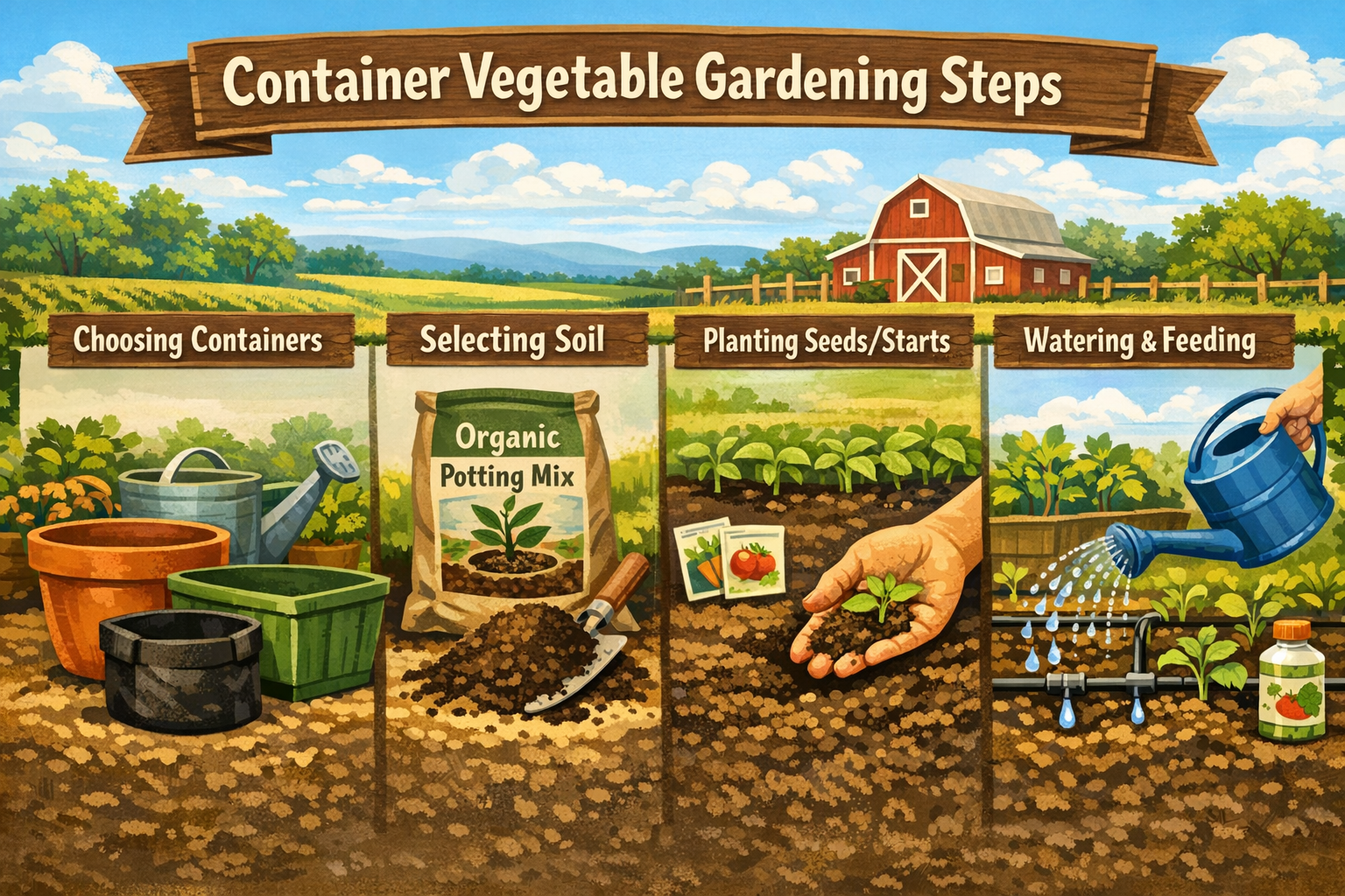 Vibrant () infographic showcasing the process of setting up container vegetable gardening in the USA. The image is divided