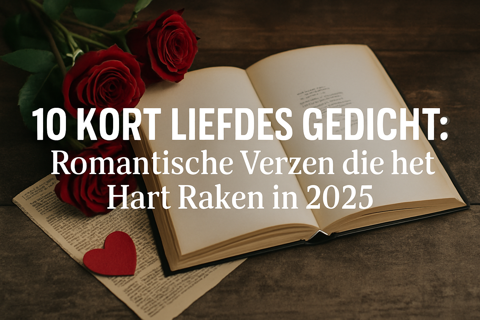 Professional landscape hero image (1536x1024) with bold text overlay: "10 Kort Liefdes Gedicht: Romantische Verzen die het Hart Raken in 202