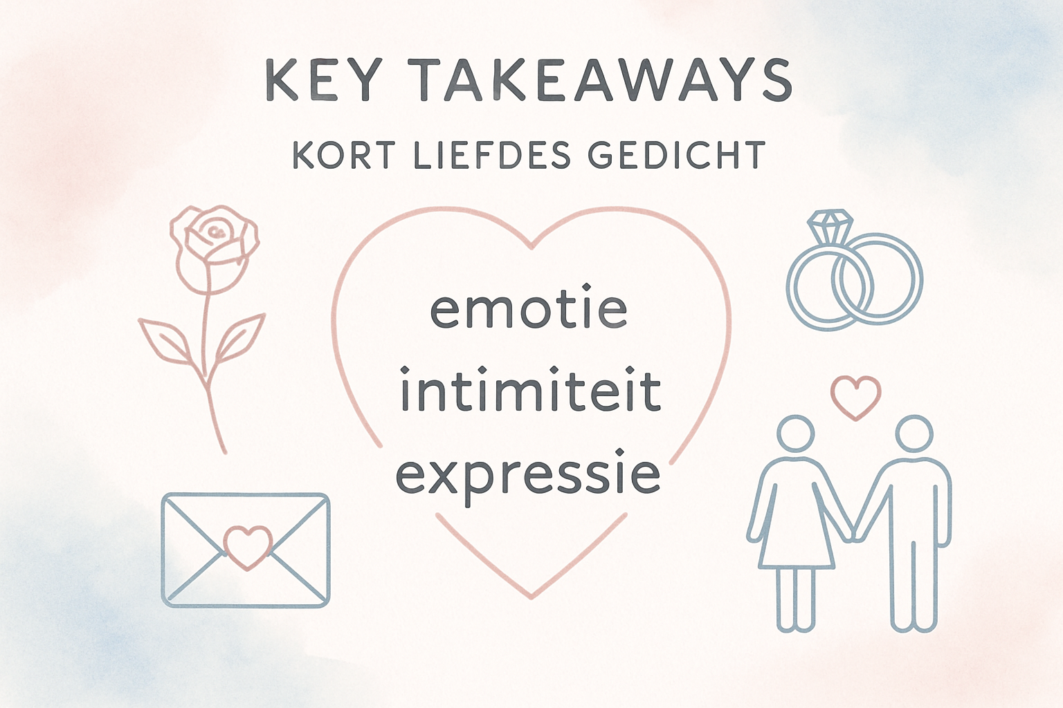 Elegant minimalist infographic illustrating 'Key Takeaways' for kort liefdes gedicht, featuring soft pastel watercolor background with float