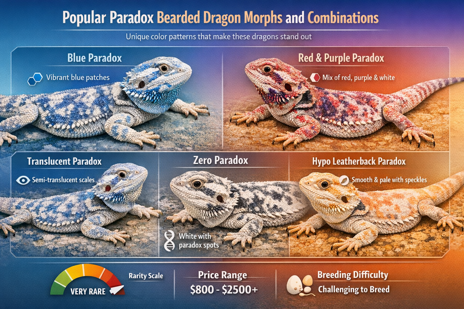 Professional landscape infographic (1536x1024) for article "The Complete Guide to Paradox Bearded Dragons: Rare Morphs, Care, and Where to B
