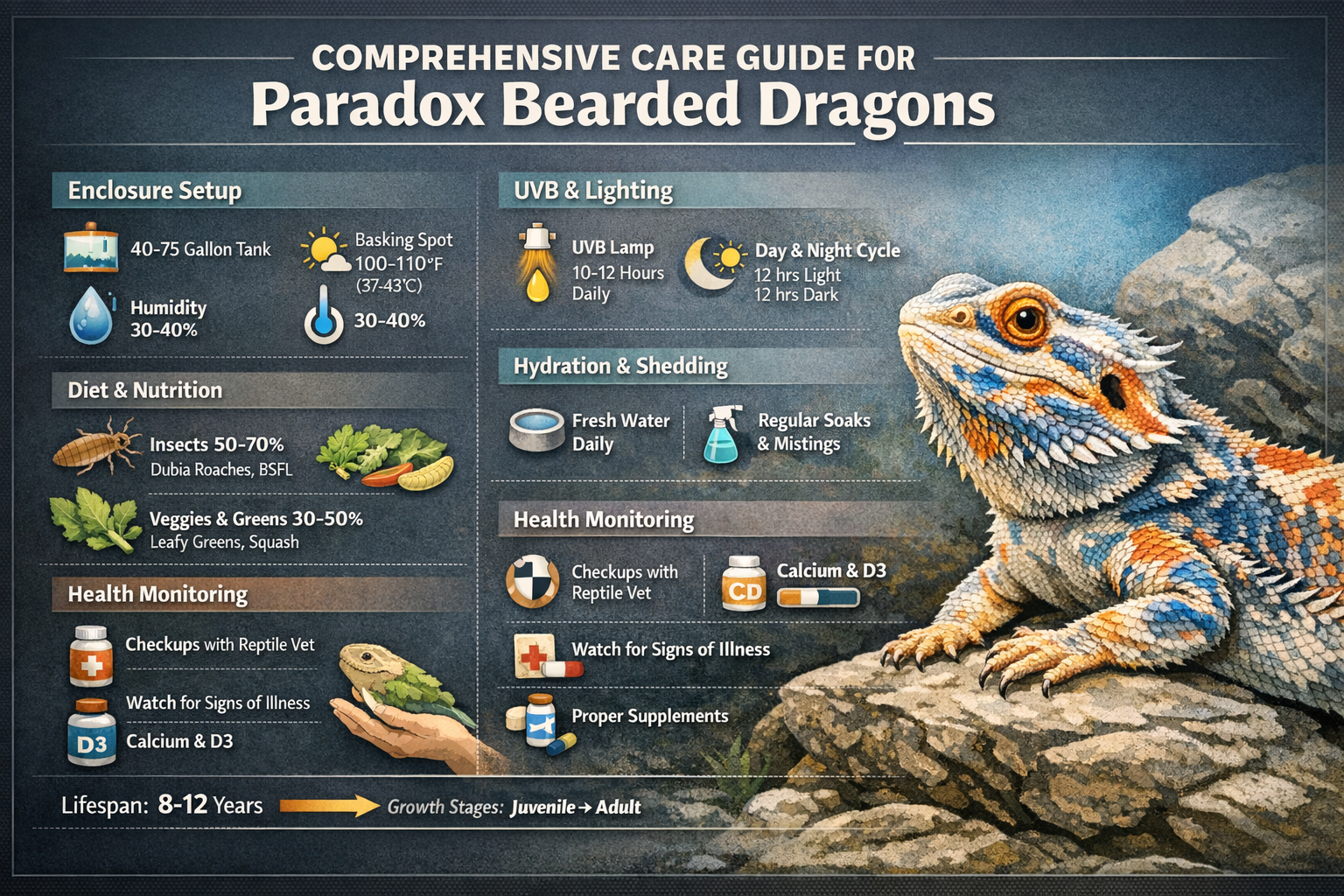 Professional landscape infographic (1536x1024) for article "The Complete Guide to Paradox Bearded Dragons: Rare Morphs, Care, and Where to B