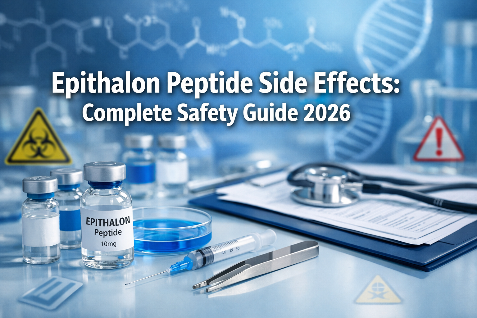 Professional landscape format (1536x1024) medical research hero image with bold text overlay 'Epithalon Peptide Side Effects: Complete Safet