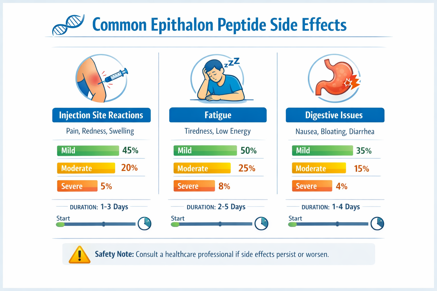Detailed landscape format (1536x1024) medical infographic showing common epithalon peptide side effects with clean icons representing inject