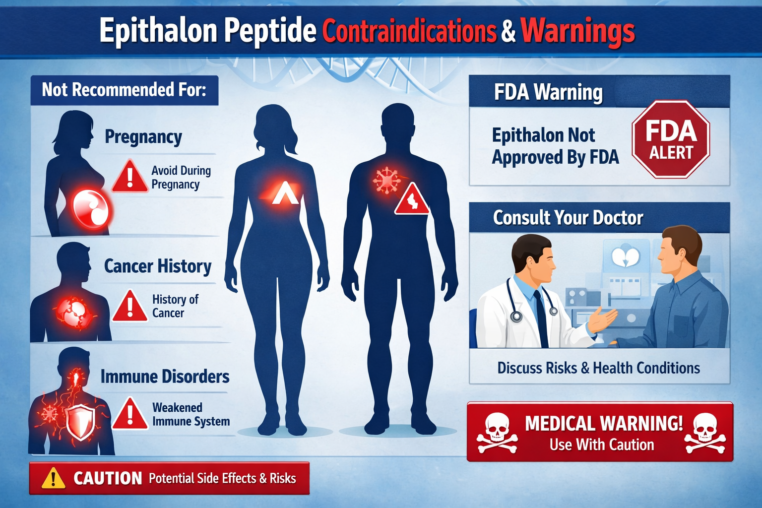 Comprehensive landscape format (1536x1024) scientific diagram illustrating epithalon peptide contraindications and warnings. Visual shows hu