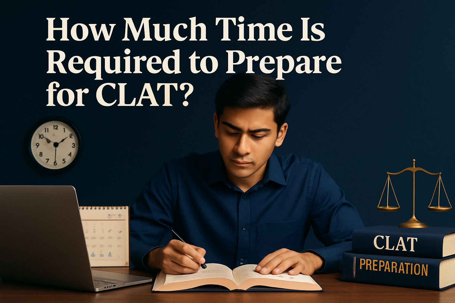 Professional landscape hero image (1536x1024) featuring bold text overlay 'How Much Time Is Required to Prepare for CLAT?' in extra large 72