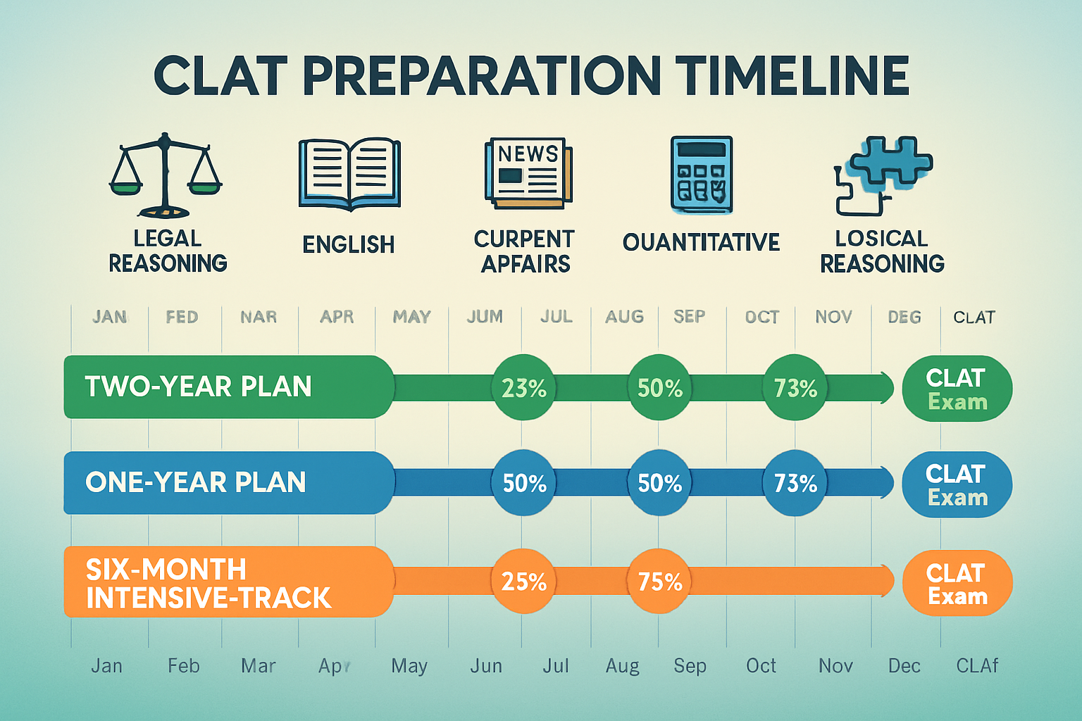 Detailed infographic-style landscape image (1536x1024) showing comprehensive CLAT preparation timeline visualization with multiple horizonta