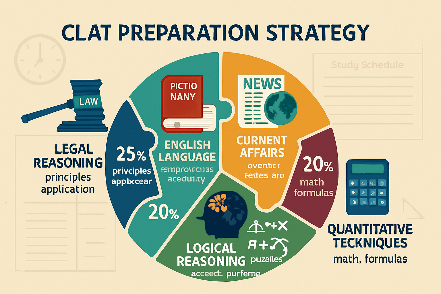 Landscape editorial image (1536x1024) depicting section-wise CLAT preparation strategy through visual segmentation. Five distinct sections a