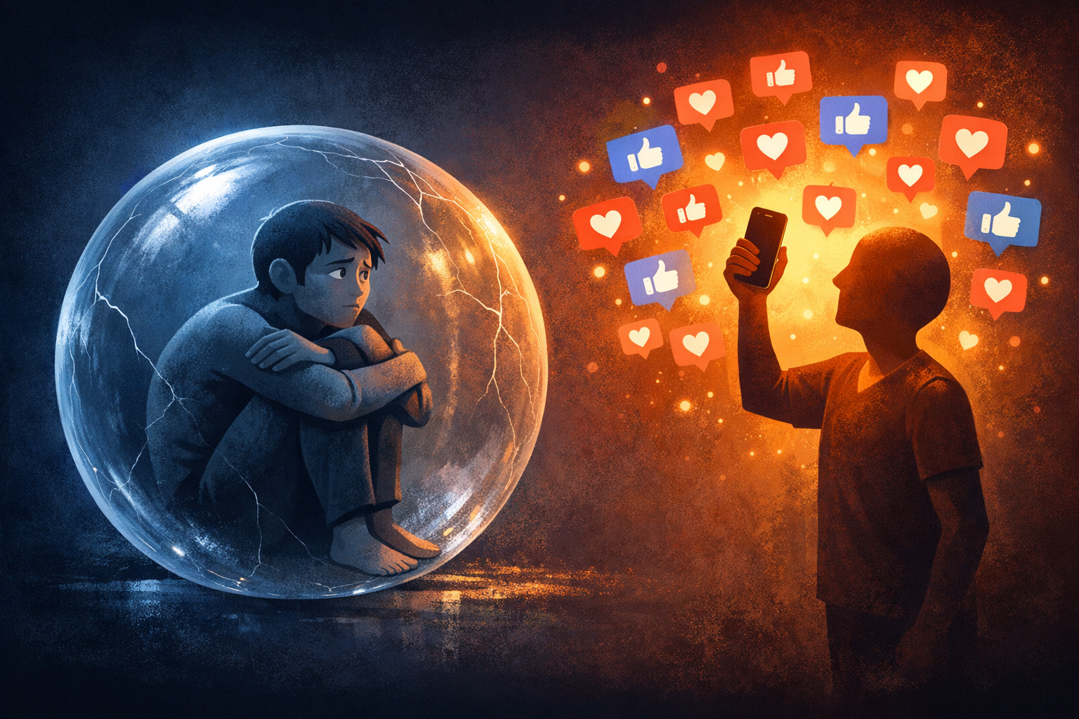 Why Your Relationships Feel Shallow: 3 Toxic Habits to Stop 7 Write text in English only on all images. Don't write in Hindi. Landscape format (1536x1024) conceptual illustration demonstrating the fear