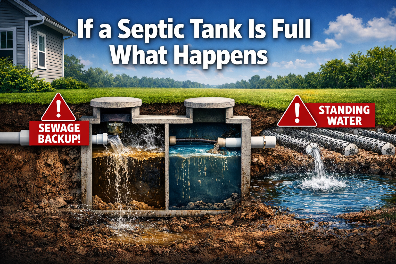 Professional landscape format (1536x1024) hero image featuring bold text overlay 'If a Septic Tank Is Full What Happens' in extra large 72pt