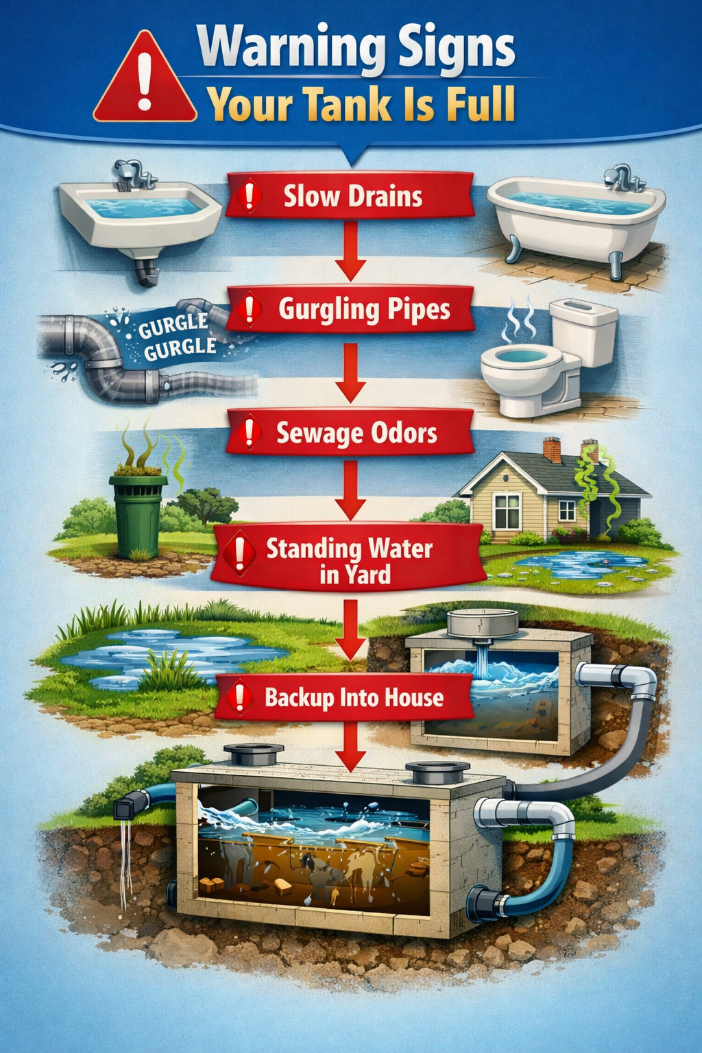 Portrait format (1024x1536) infographic showing progressive warning signs of full septic tank: slow drains, gurgling pipes, sewage odors, st