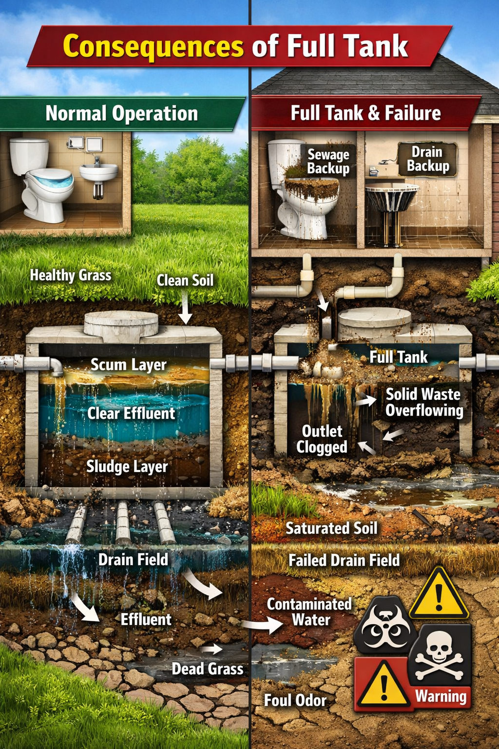 Portrait format (1024x1536) detailed cross-section illustration of septic system failure consequences: sewage backing up through house drain