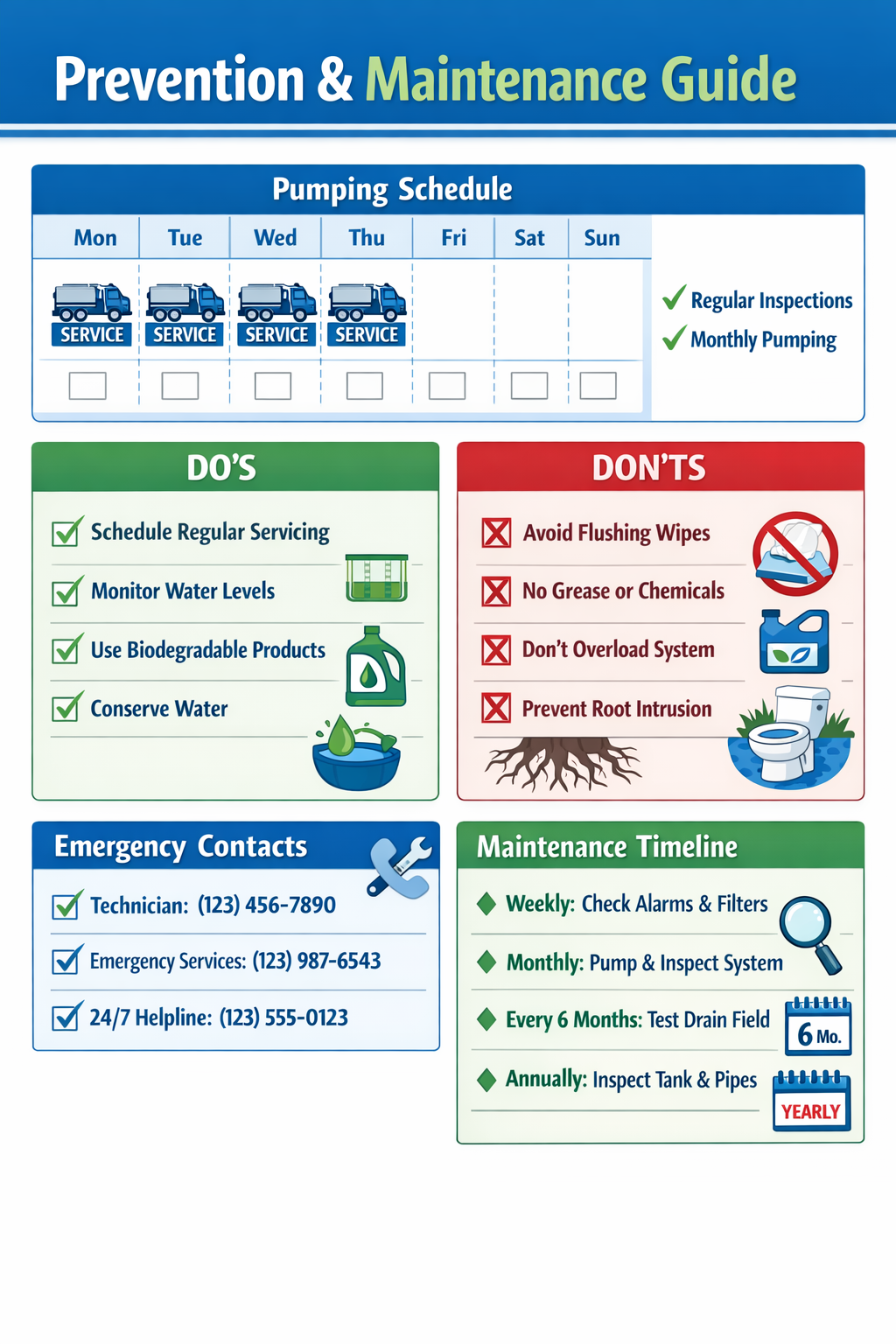 Portrait format (1024x1536) prevention and maintenance checklist infographic featuring pumping schedule calendar, do's and don'ts icons, eme