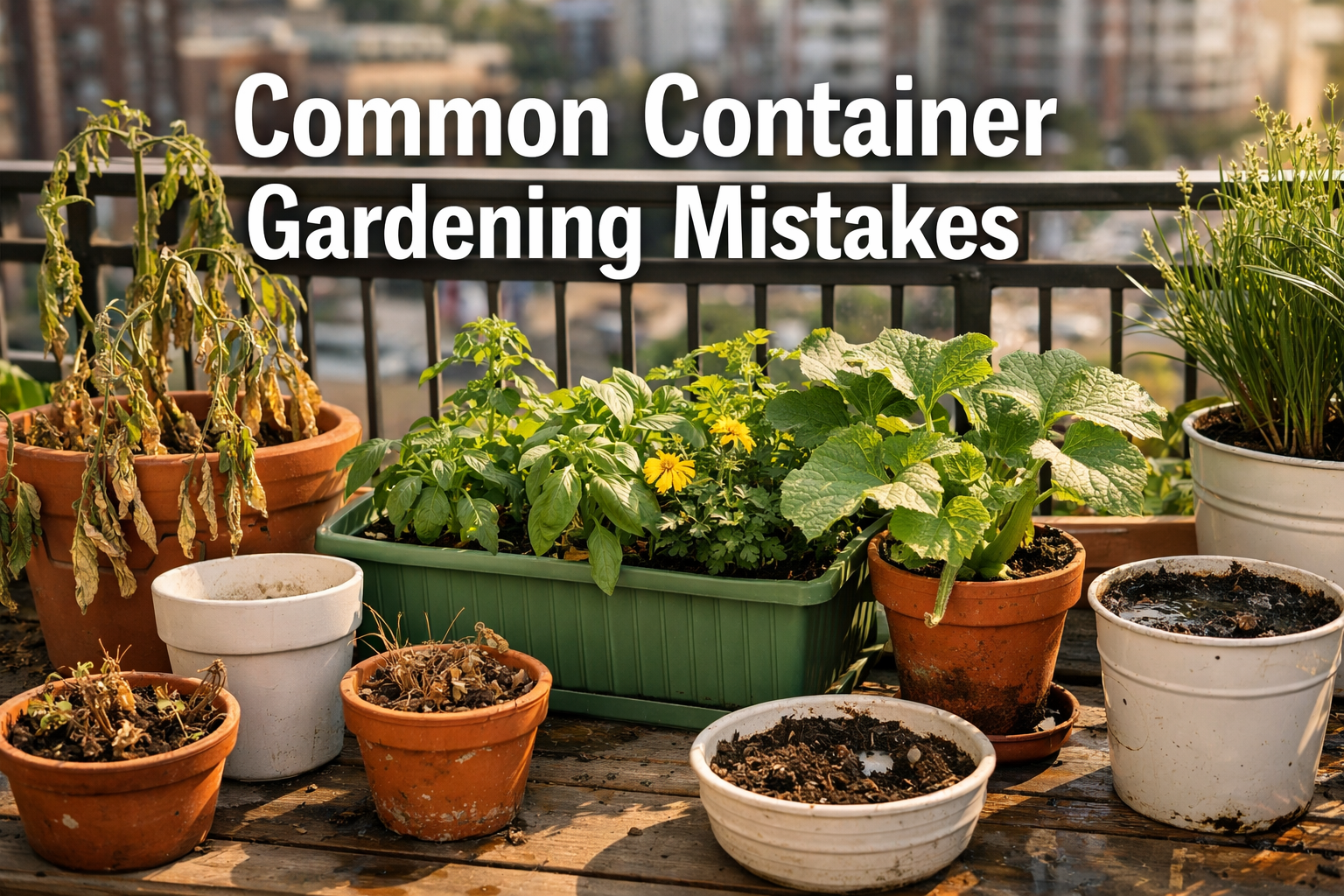 All images must be as if shot with an SLR camera Professional () hero image with 'Common Container Gardening Mistakes' in