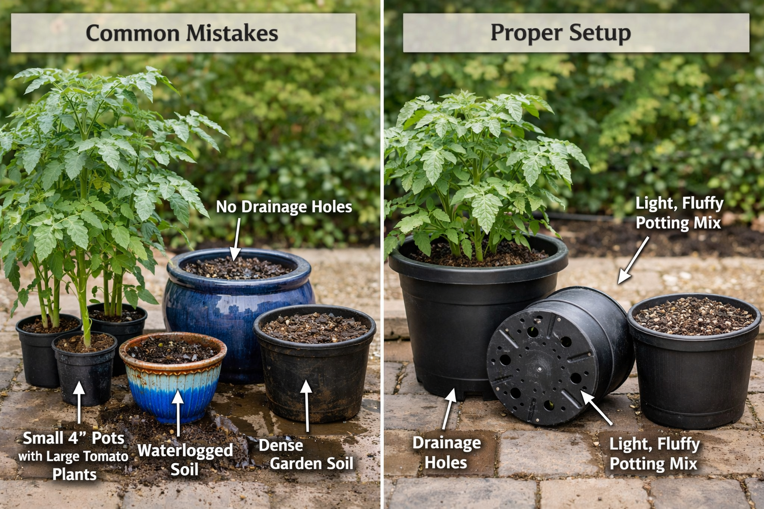 All images must be as if shot with an SLR camera () image showing side-by-side comparison of two container gardens: left
