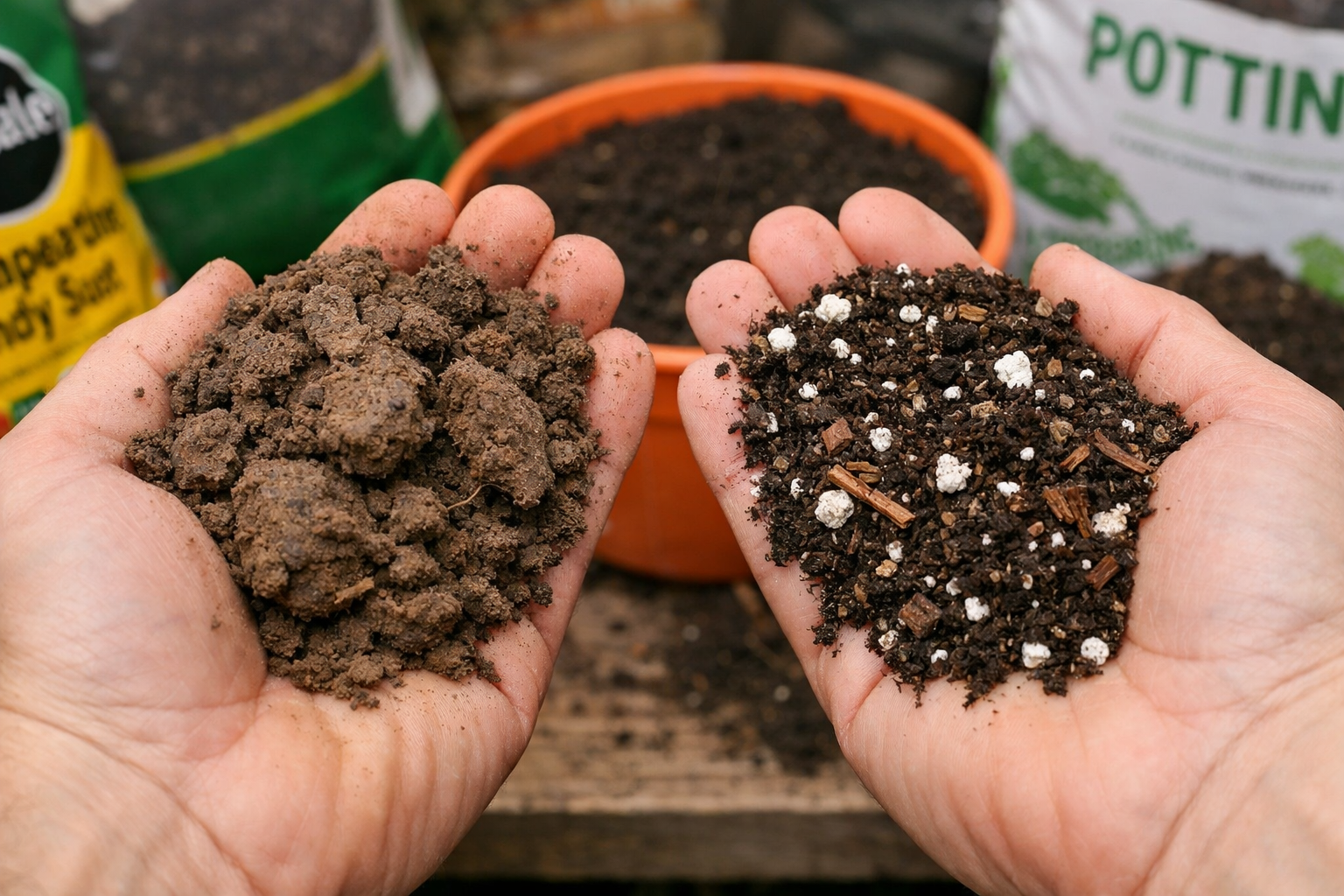 All images must be as if shot with an SLR camera () close-up shot of hands holding two different soil samples: left hand