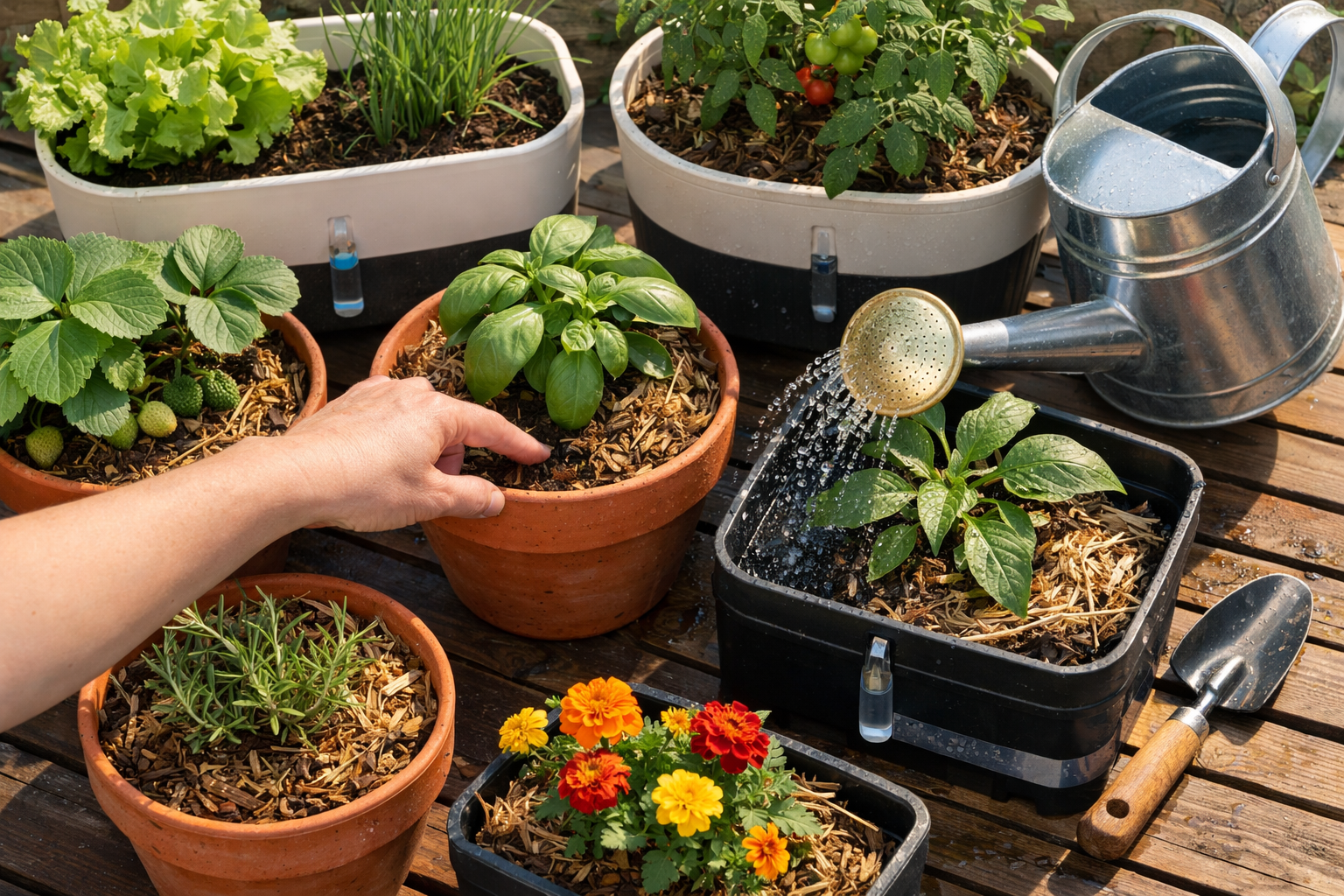 All images must be as if shot with an SLR camera () overhead view of balcony container garden showing proper watering