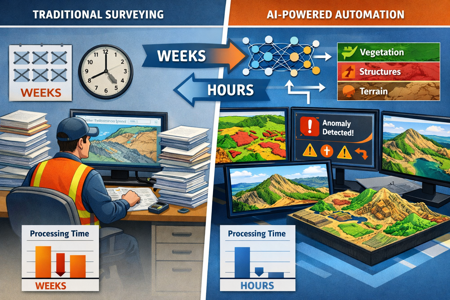 Detailed landscape format (1536x1024) editorial image showing split-screen comparison of traditional surveying workflow versus AI-powered au