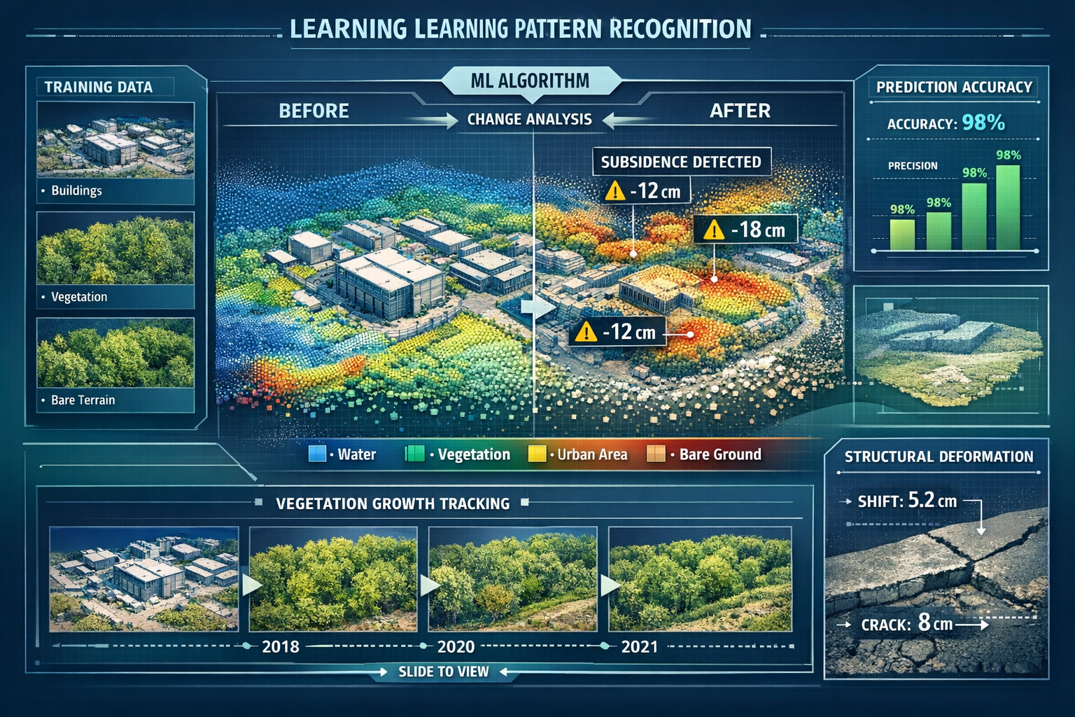 Detailed landscape format (1536x1024) technical illustration demonstrating machine learning pattern recognition in surveying applications. C