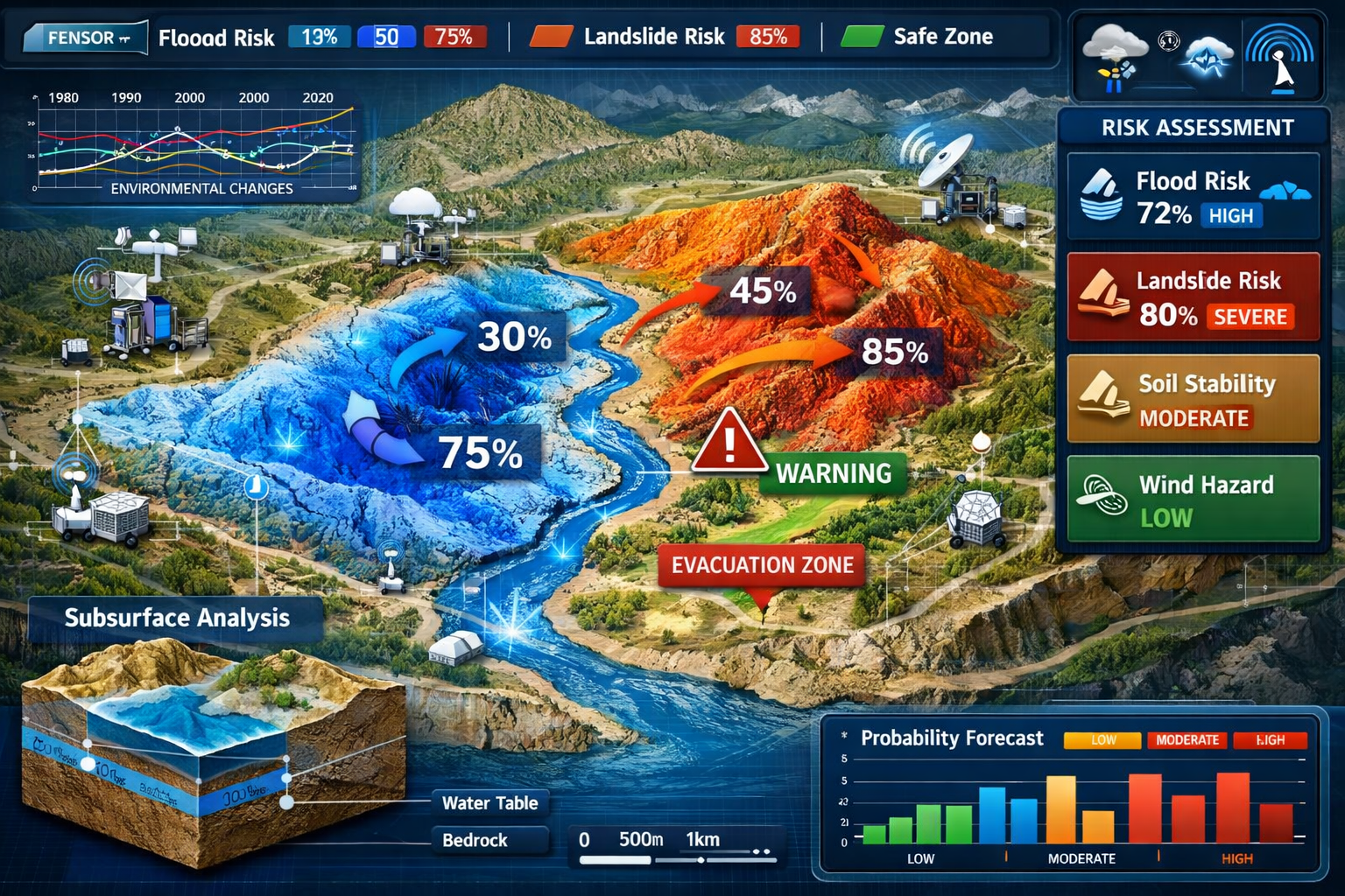 Detailed landscape format (1536x1024) risk prediction visualization showing AI-powered environmental hazard forecasting for surveying projec